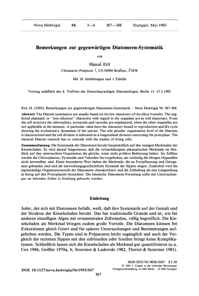 Bild der ersten Seite der Arbeit: Remarks on the current diatom classification