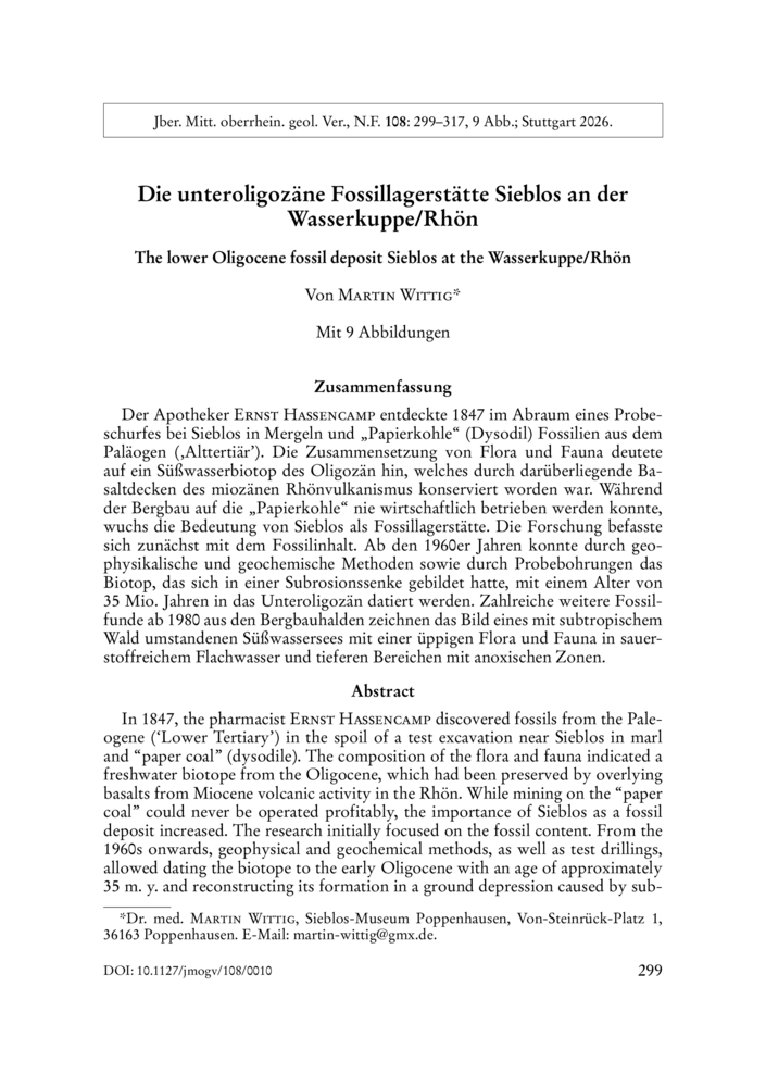 Image de la premiere page de: The lower Oligocene fossil deposit Sieblos at the Wasserkuppe/Rhön