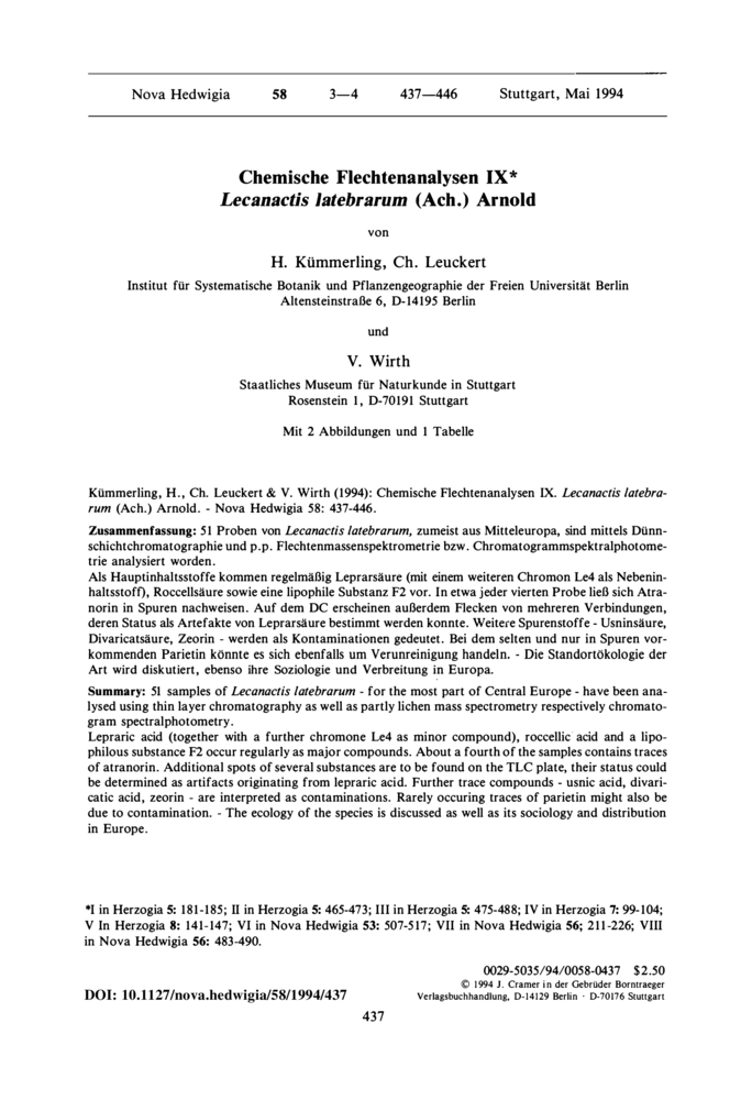 Image de la premiere page de: Chemical lichen analyses IX. Lecanactis latebrarum (Ach.) Arnold