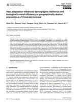 Image de la premiere page de: Heat adaptation enhances demographic resilience and biological control efficiency in geographically distinct populations of Encarsia formosa
				