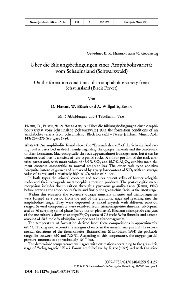 Image of first page of: On the formation conditions of an amphibolite variety from Schauinsland (Black Forest)