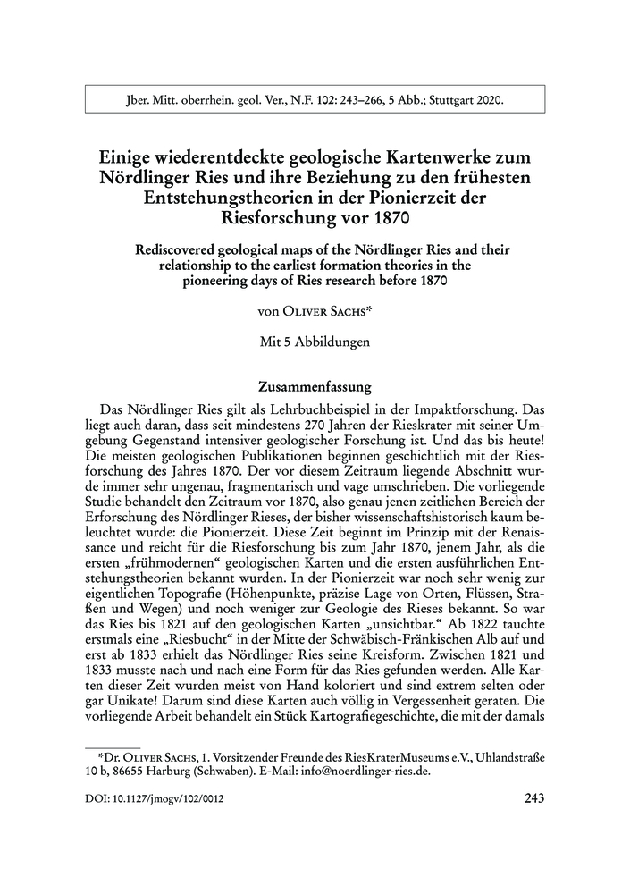 Image of first page of: Rediscovered geological maps of the Nördlinger Ries and their relationship to the earliest formation theories in the pioneering days of Ries research before 1870